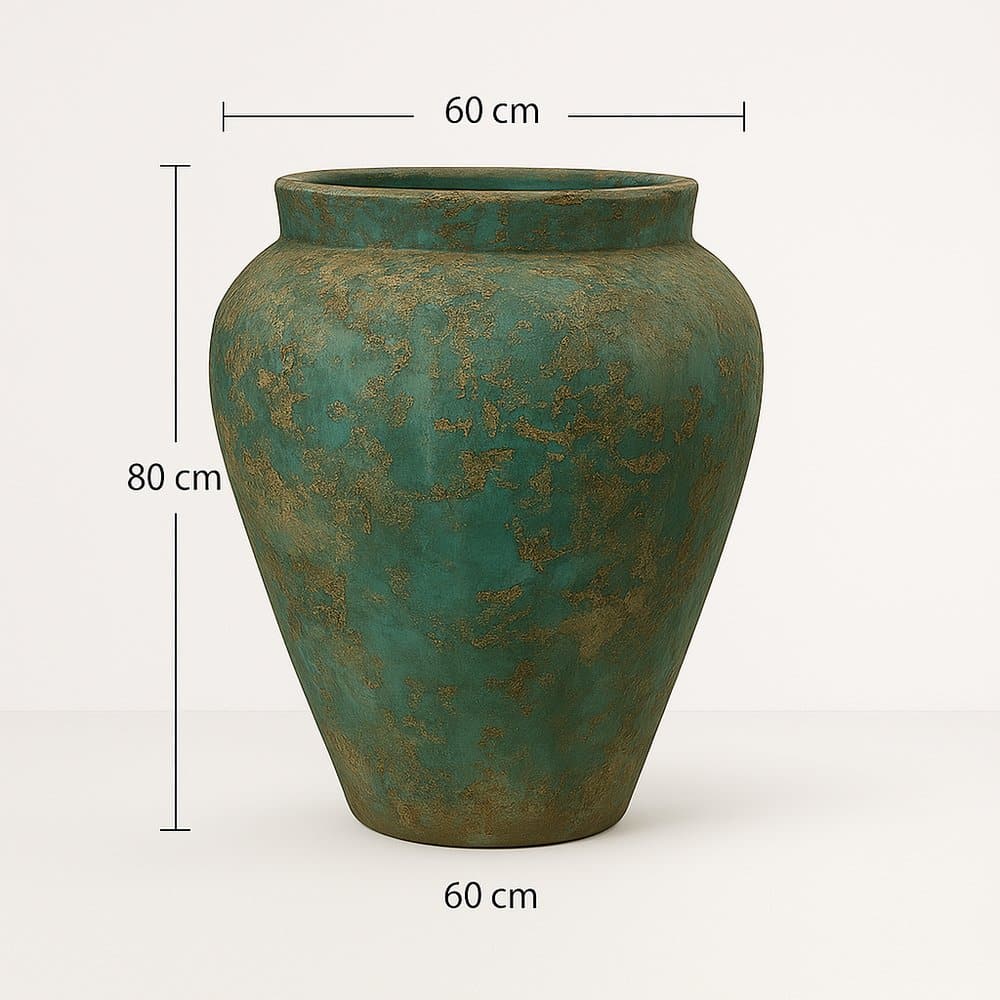 Maßskizze der Terracotta Vase Fossano in Türkis – 80 x 60 x 60 cm