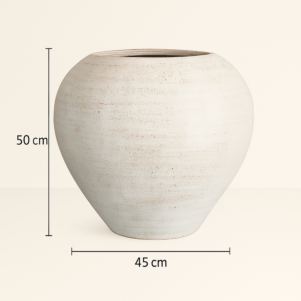 Maßskizze der handgefertigten Terracotta Vase Pesaro in Türkisblau – 50 x 45 x 45 cm
