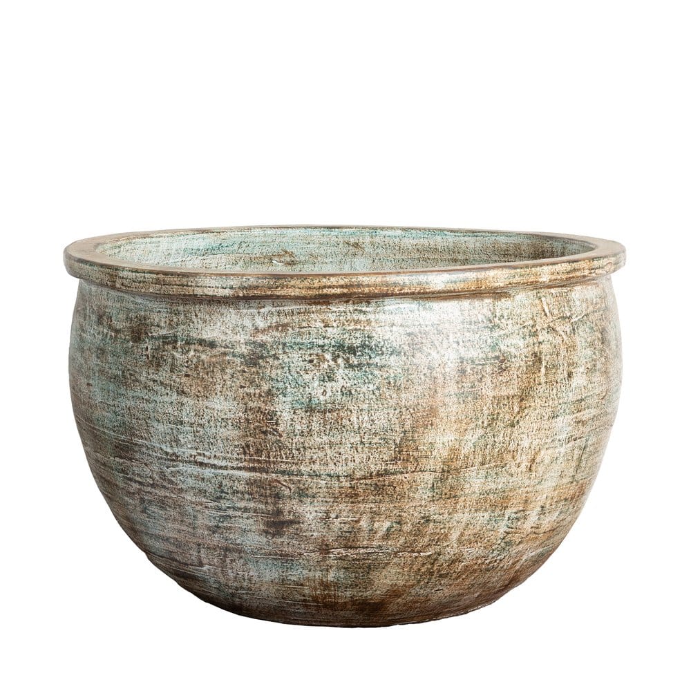 Handgefertigte Terracotta Vase Pienza in Patina Grün – wetterfest & UV-beständig