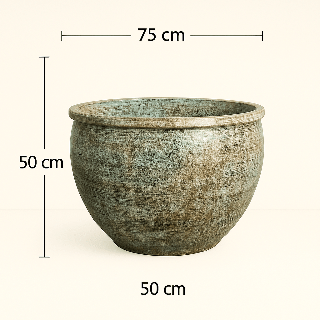 Maßskizze der handgefertigten Terracotta Vase Pienza in Patina Grün mit Abmessungen