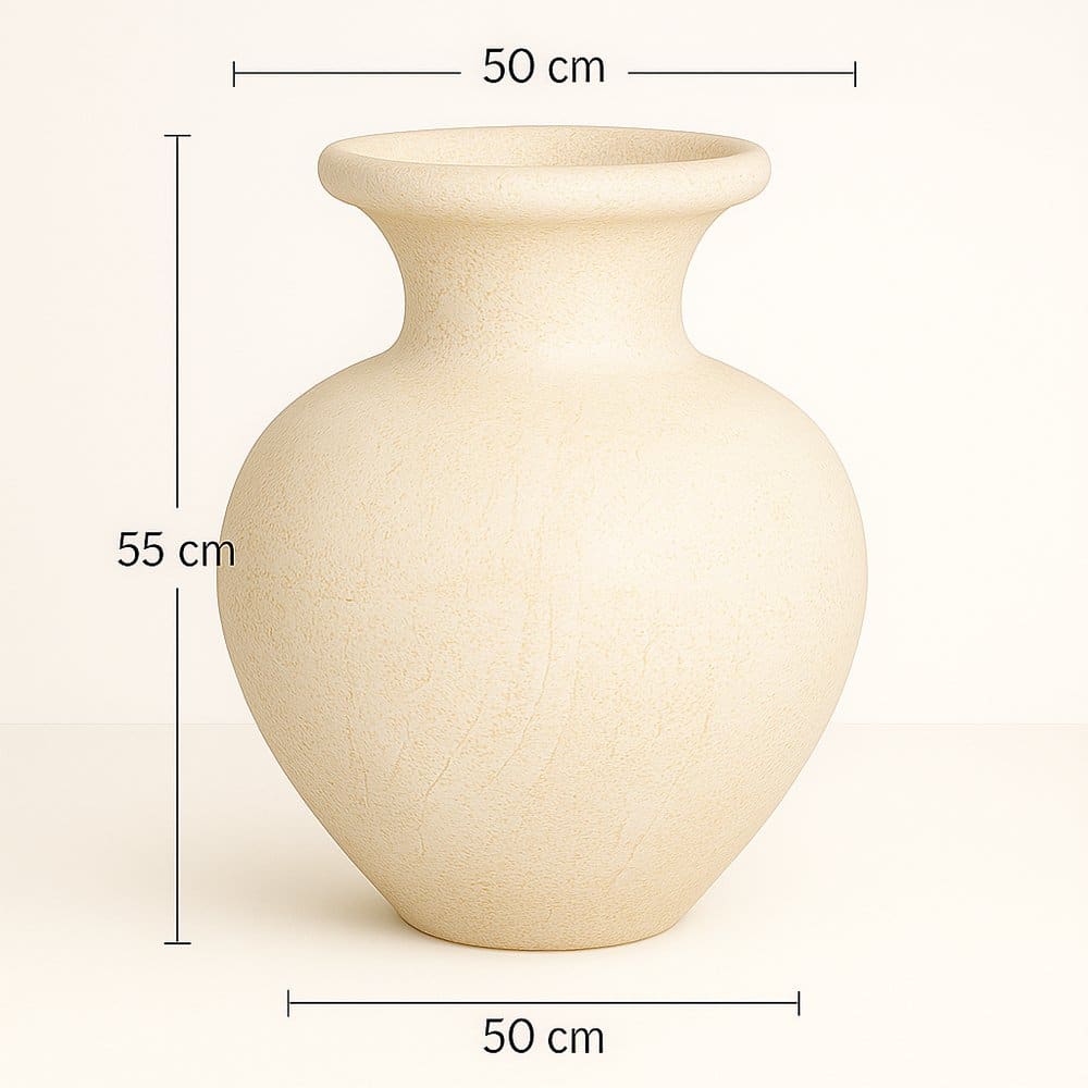 Maßskizze der handgefertigten Terracotta Vase Quiliano in Creme mit Abmessungen