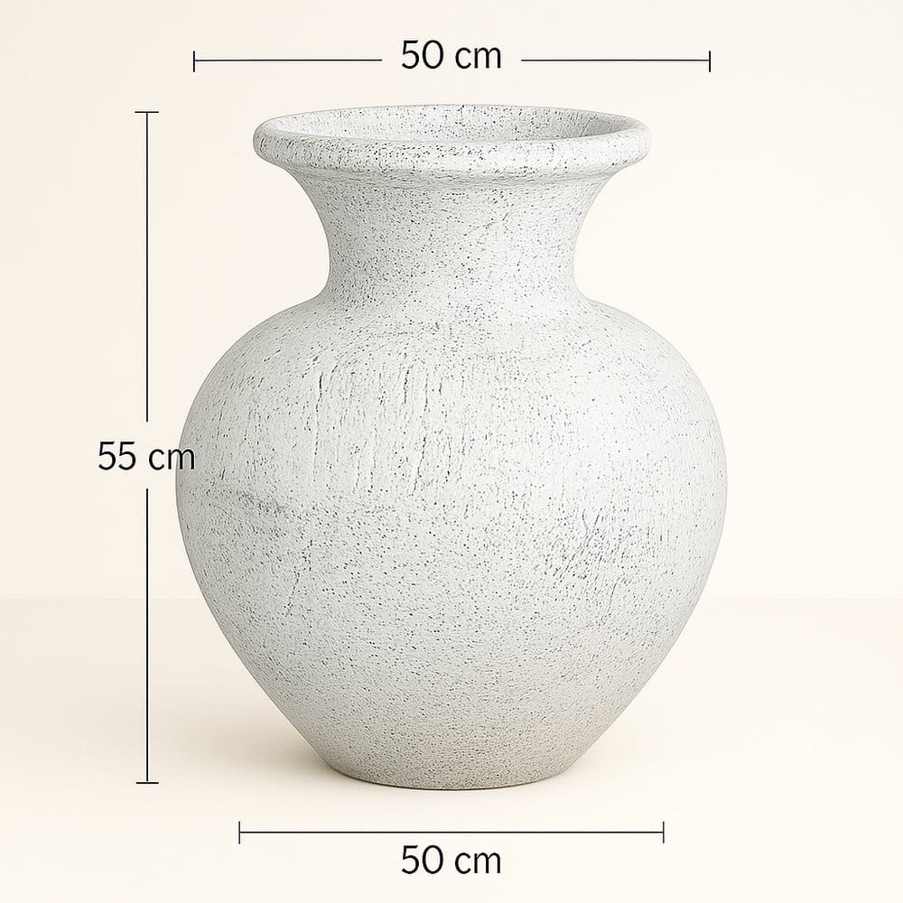 Maßskizze der handgefertigten Terracotta Vase Quiliano in Weiß mit genauen Abmessungen