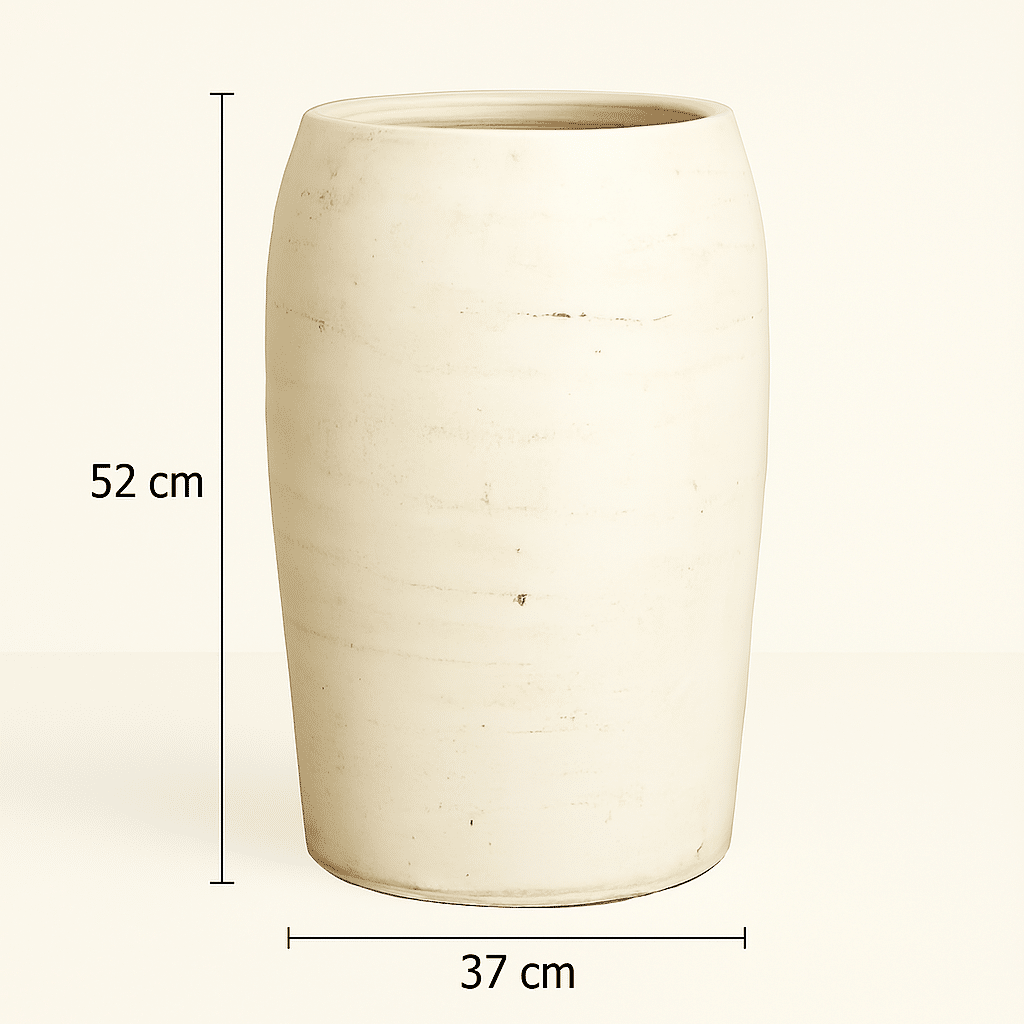 Maßskizze der Terracotta Vase Savona in Kalkweiß – 52 x 37 x 37 cm, handgefertigt
